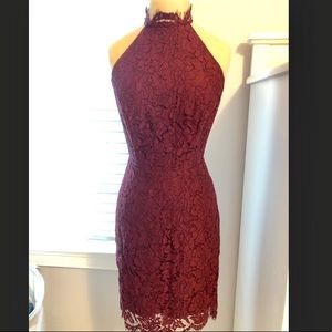 Form Fitting Dark Red/Maroon Lace High Neck Dress